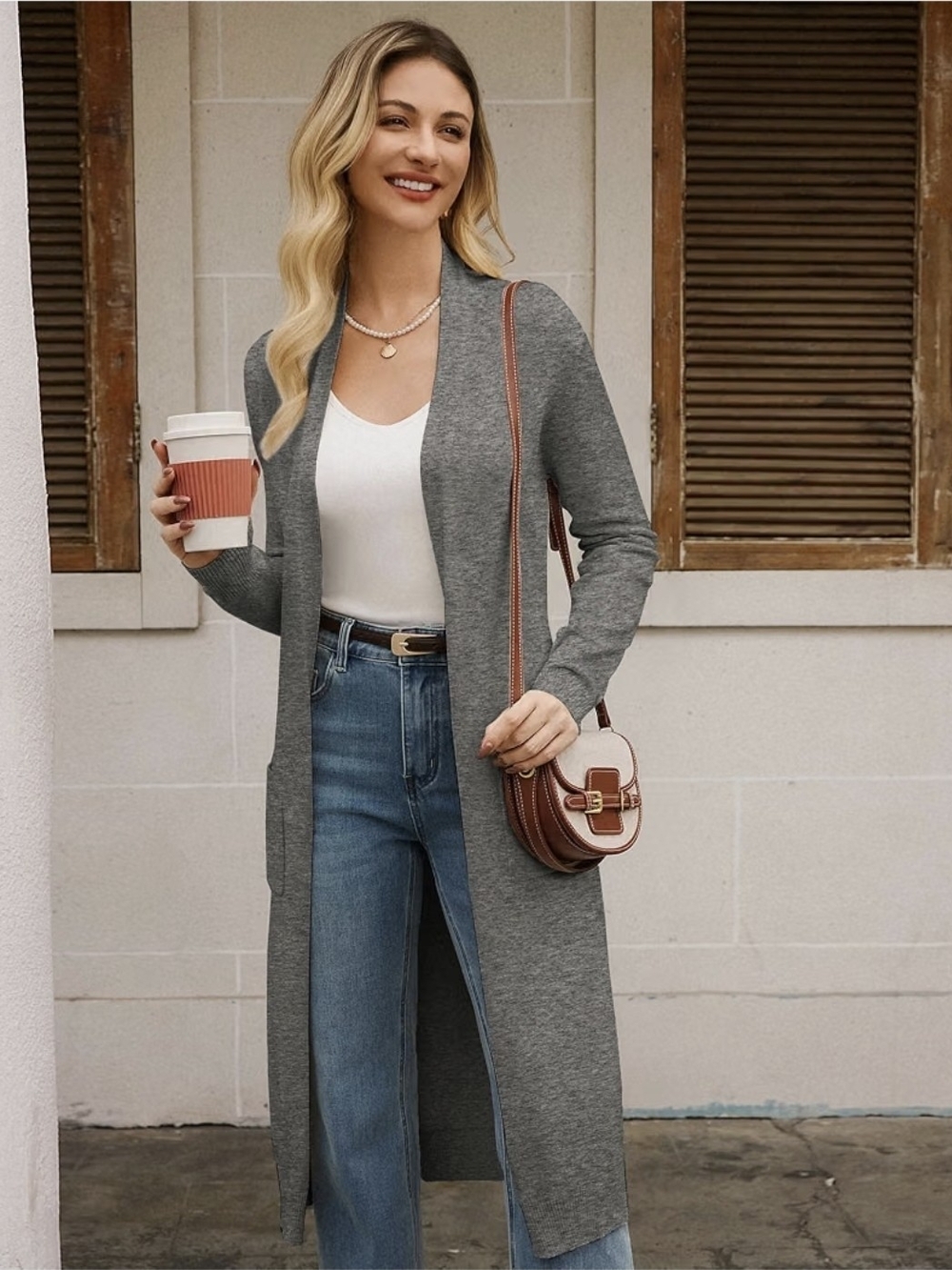 Grace Karin Long Gray Open-Front Women's Cardigan